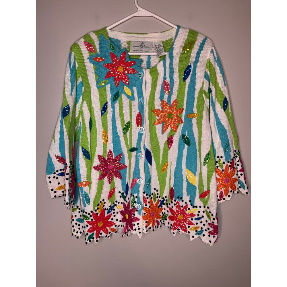 2000s Design Options Rainbow Zebra Floral Bold Easter Sequin Sparkle Cardigan L